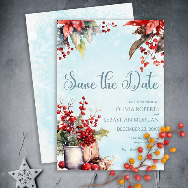Cosy Winter Rowan berry bouquet Wedding Save The Date (Creator Uploaded)