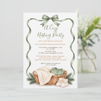 Cosy Winter Sage Green Bow Baby Nesting Party Invitation