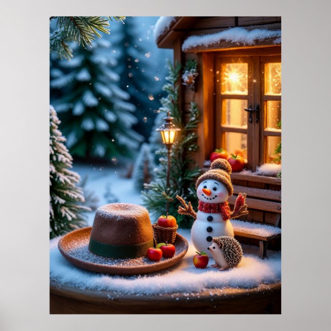 Cosy Winter Scene With Snowman, Hedgehogs Poster (Front)