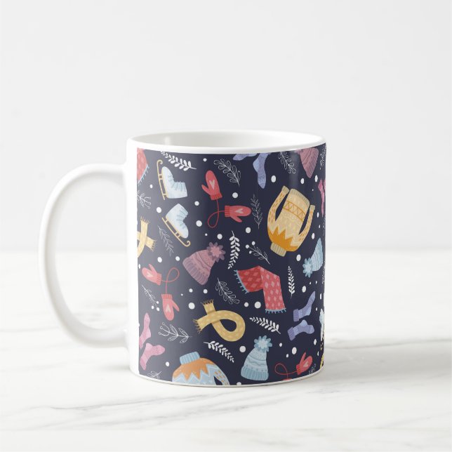 Cosy winter things on a blue background. Knitted c Coffee Mug (Left)