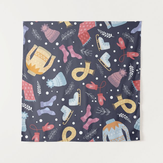 Cosy winter things on a blue background. Knitted c Tapestry (Front)