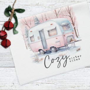 Cosy Winter Vibes Pink Pastel Camper Christmas  Tea Towel