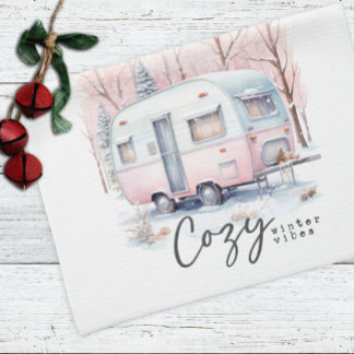 Cosy Winter Vibes Pink Pastel Camper Christmas Tea Towel