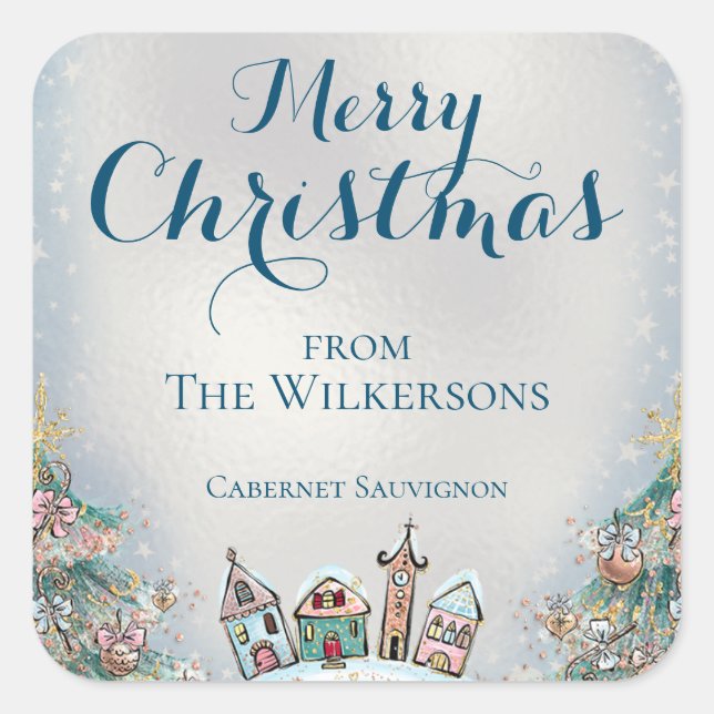 Cosy Winter Village and Christmas Trees Square Sticker (Front)