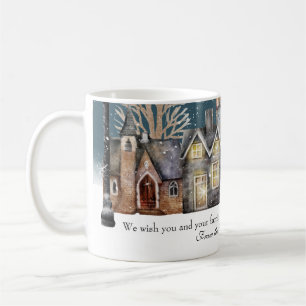 Cosy Winter Village at Night with Falling Snow Coffee Mug