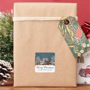 Cosy Winter Village at Night with Falling Snow Square Sticker
