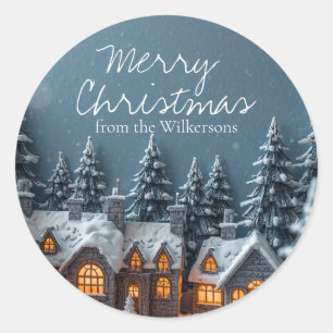 Cosy Winter Village Custom Name Christmas Classic Round Sticker