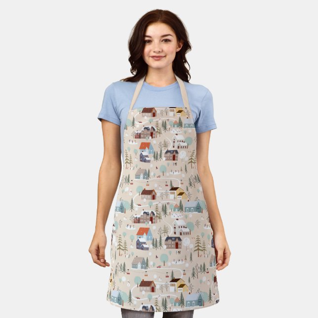 Cosy Winter Village Scene Pattern Apron (Worn)