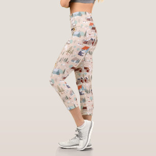 Cosy Winter Village Scene Pattern Capri Leggings