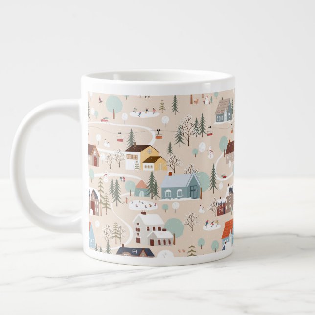 Cosy Winter Village Scene Pattern Large Coffee Mug (Left)