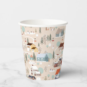 Cosy Winter Village Scene Pattern Paper Cups