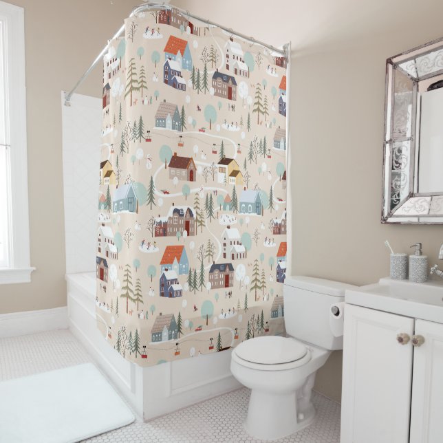 Cosy Winter Village Scene Pattern Shower Curtain (In Situ)