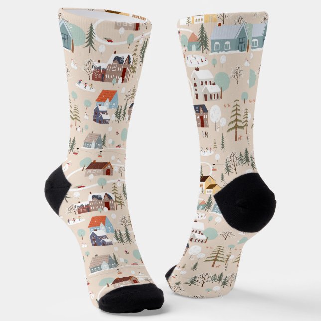 Cosy Winter Village Scene Pattern Socks (Angled)
