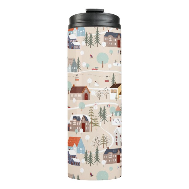 Cosy Winter Village Scene Pattern Thermal Tumbler (Front)