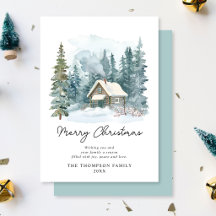 Cosy Winter Watercolor Cabin Handwritten Christmas