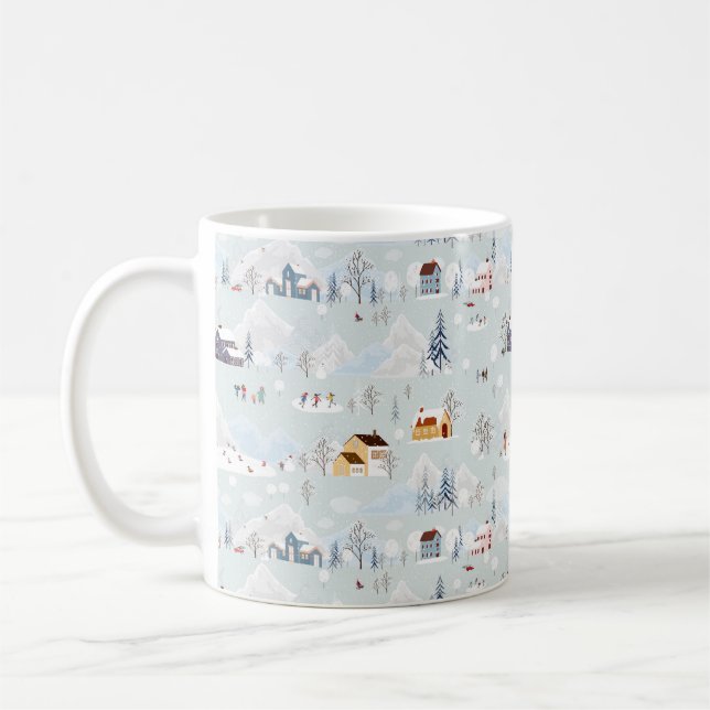 Cosy Winter Wonderland Ice Skating Village Pattern Coffee Mug (Left)