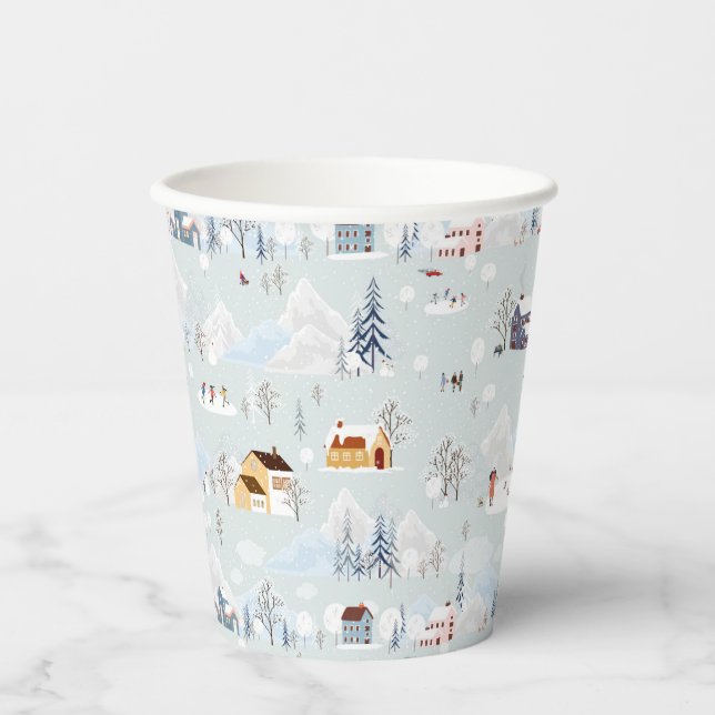 Cosy Winter Wonderland Ice Skating Village Pattern Paper Cups (Front)