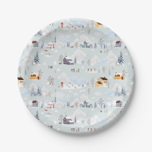 Cosy Winter Wonderland Ice Skating Village Pattern Paper Plate