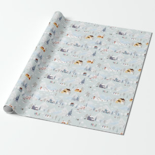 Cosy Winter Wonderland Ice Skating Village Pattern Wrapping Paper