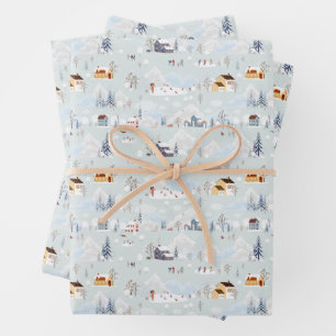 Cosy Winter Wonderland Ice Skating Village Pattern Wrapping Paper Sheet