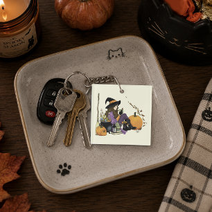 Cosy Witch Vibes Halloween Pumpkins Purple Key Ring