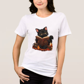 Cosy Witchy Black Cat Reading Spell Book Halloween Tri-Blend Shirt
