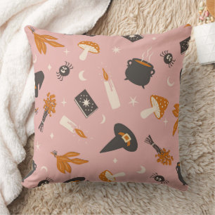 Cosy Witchy Halloween Pattern Pink Cottagecore Cushion
