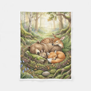 Cosy Woodland Animals Cuddling In Forest Nest Flee Fleece Blanket