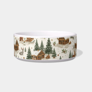 Cosy Woodland Cabin Cat Bowl – Rabbits, Pine Trees