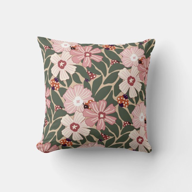 Cosy Woodland Ladybugs & Wildflower Earthy Colours Cushion (Front)