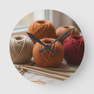 Cosy Yarn Balls Knitting Autumn Tones Round Clock