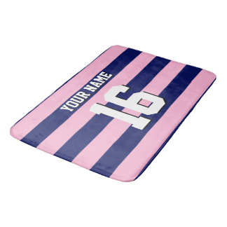 Cot Candy Pink Navy Blue Team Jersey Preppy Stripe Bath Mat