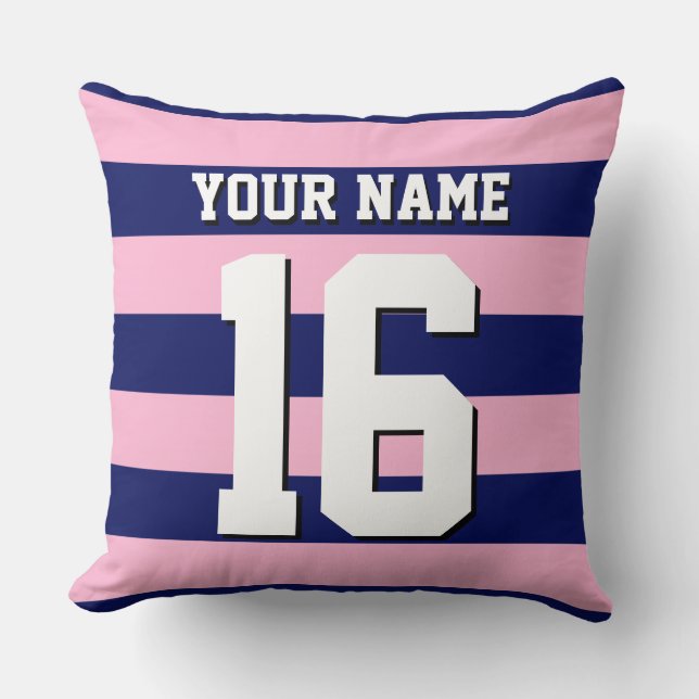 Cot Candy Pink Navy Blue Team Jersey Preppy Stripe Cushion (Front)