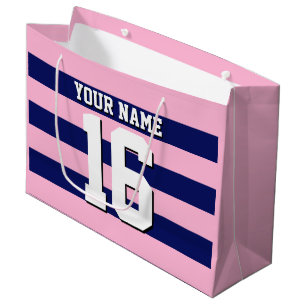 Cot Candy Pink Navy Blue Team Jersey Preppy Stripe Large Gift Bag