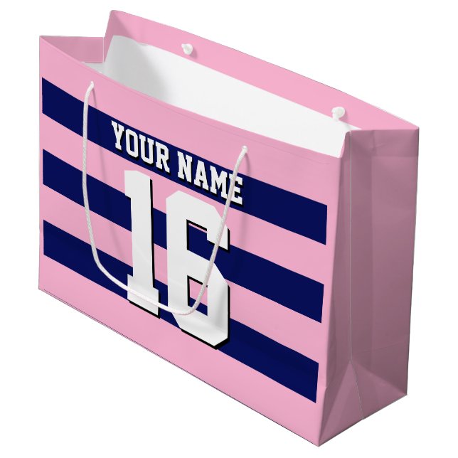 Cot Candy Pink Navy Blue Team Jersey Preppy Stripe Large Gift Bag (Front Angled)