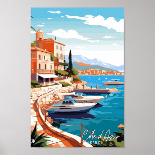 Cote d Azur France Art vintage travel illustration Poster