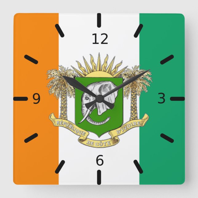 Cote d'Ivoire flag-coat of arms   Square Wall Clock (Front)