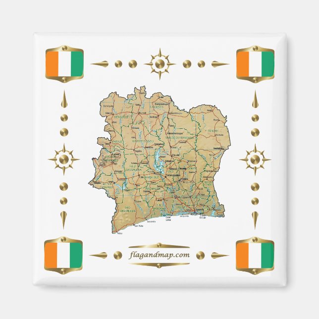 Cote d'Ivoire Map + Flags Magnet (Front)