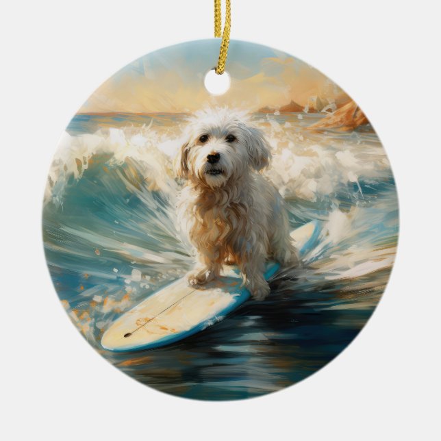 Coton De Tulear Beach Surfing Painting Ceramic Tree Decoration (Front)