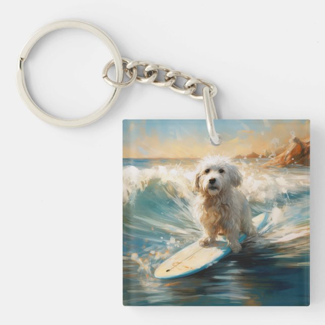 Coton De Tulear Beach Surfing Painting Key Ring (Front)