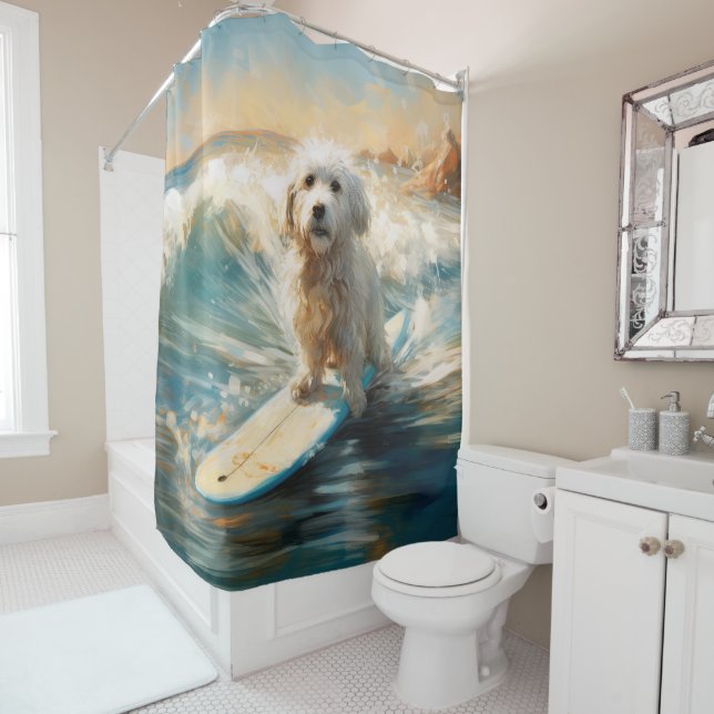 Coton De Tulear Beach Surfing Painting Shower Curtain (In Situ)