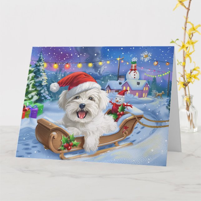 Coton De Tulear Dog in Sleigh Snow Christmas Card (Yellow Flower)