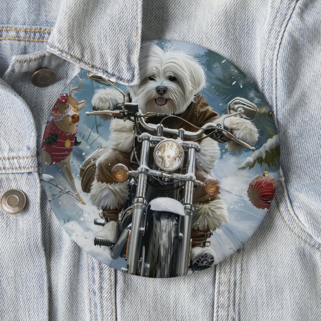 Coton De Tulear Dog Riding Motorcycle Christmas  6 Cm Round Badge (In Situ)