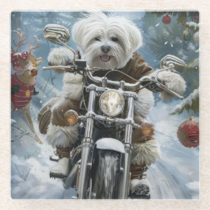 Coton De Tulear Dog Riding Motorcycle Christmas Glass Coaster