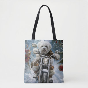 Coton De Tulear Dog Riding Motorcycle Christmas Tote Bag
