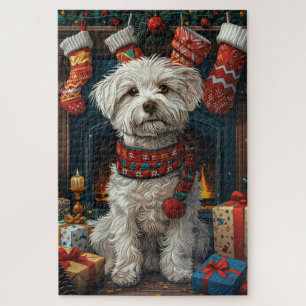 Coton De Tulear Dog With Christmas Gifts Fireplace Jigsaw Puzzle
