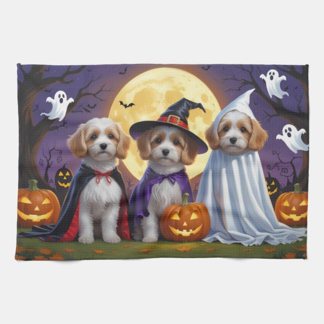 Coton De Tulear Dogs Pumpkin Halloween Funny  Tea Towel (Horizontal)