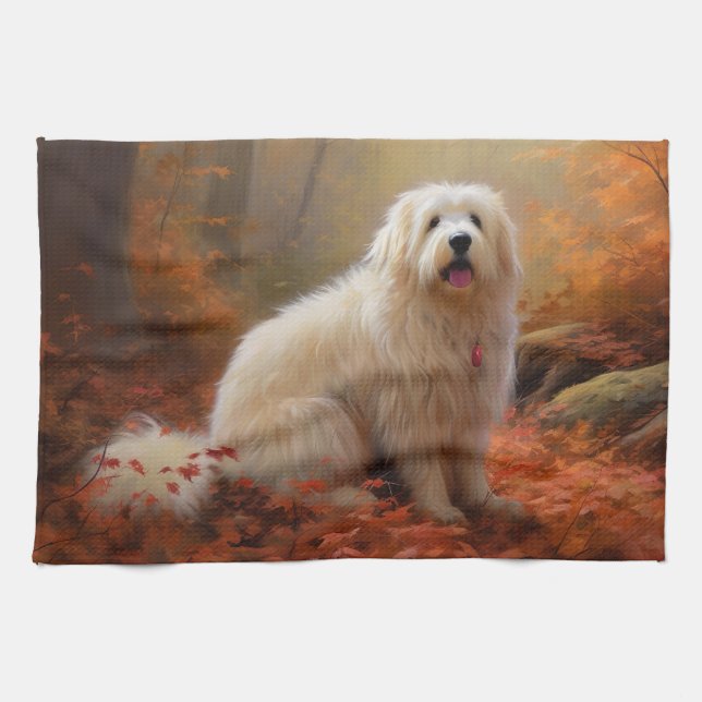 Coton De Tulear in Autumn Leaves Fall Inspire  Tea Towel (Horizontal)