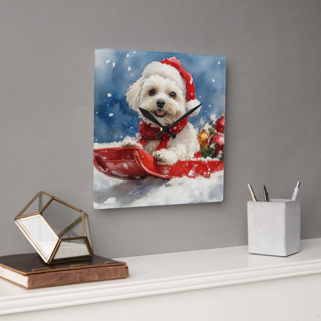 Coton De Tulear in Sledge Let it Snow Christmas Square Wall Clock (Office)