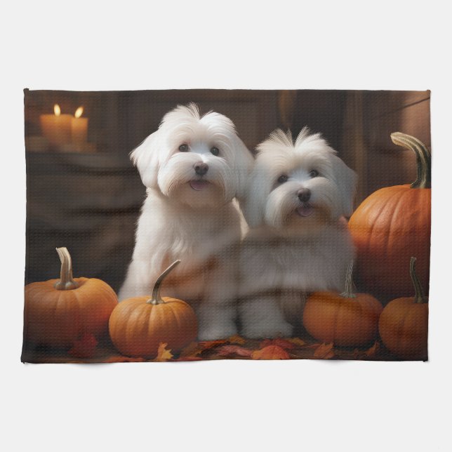 Coton De Tulear Puppy Autumn Delight Pumpkin  Tea Towel (Horizontal)